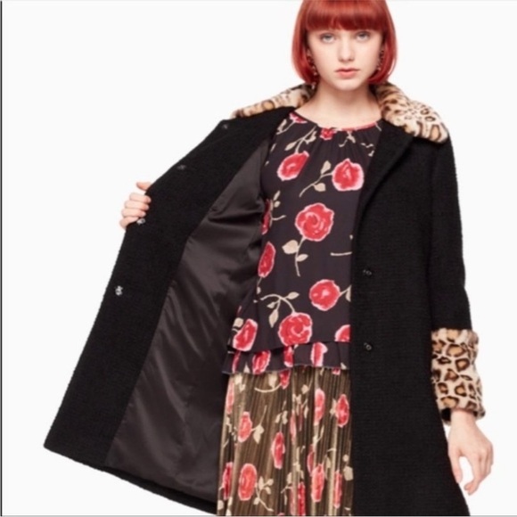 Kate Spade Leopard Cuff Boucle Faux Fur Jewel Button Coat 2 - Picture 9 of 16